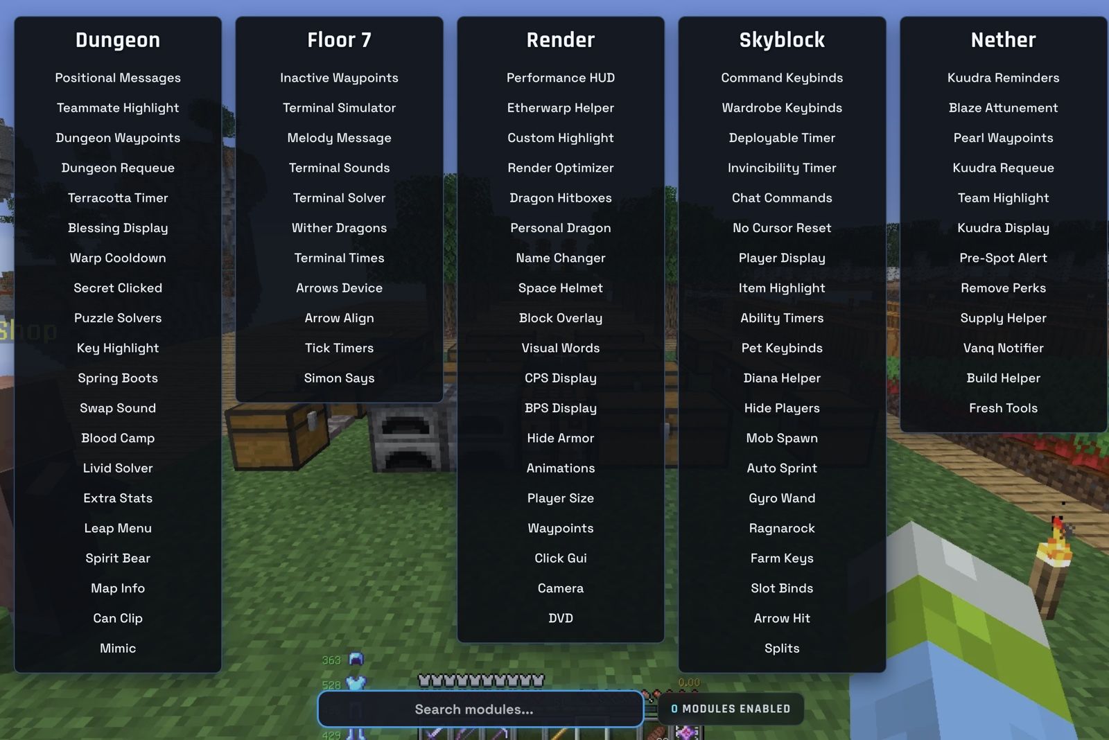 Odin's Click GUI open in-game, showing module categories and toggles
